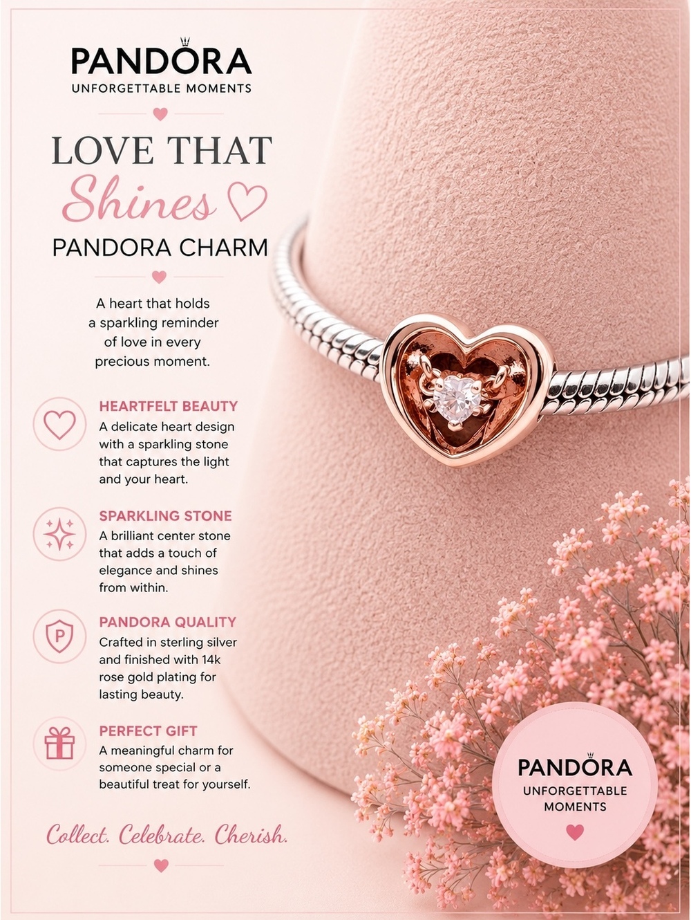 Pandora Rose Gold Heart Charm with Sparkling Stone